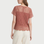 Brick Red Lace Short-Sleeved Crew Neck Top