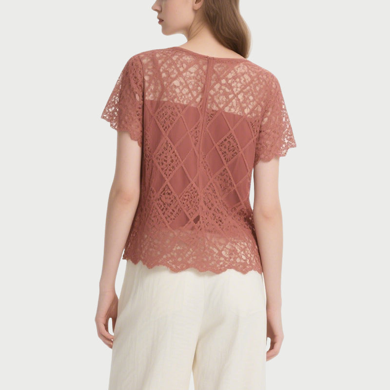 Brick Red Lace Short-Sleeved Crew Neck Top