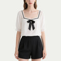 White Lace Patchwork Bow Short-Sleeved Crew Neck Top