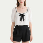 White Lace Patchwork Bow Short-Sleeved Crew Neck Top