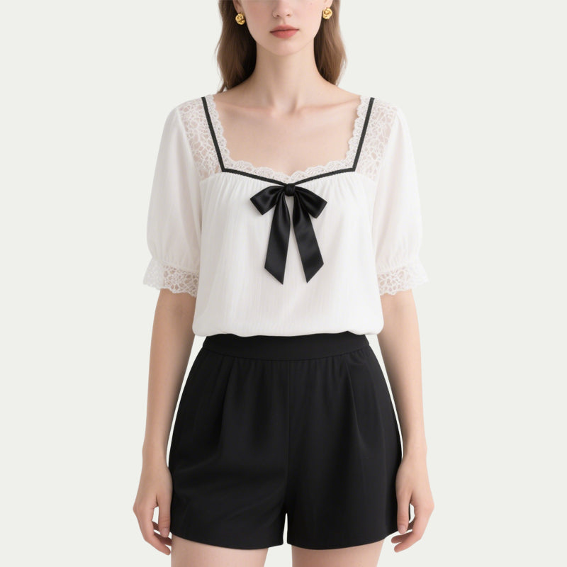 White Lace Patchwork Bow Short-Sleeved Crew Neck Top