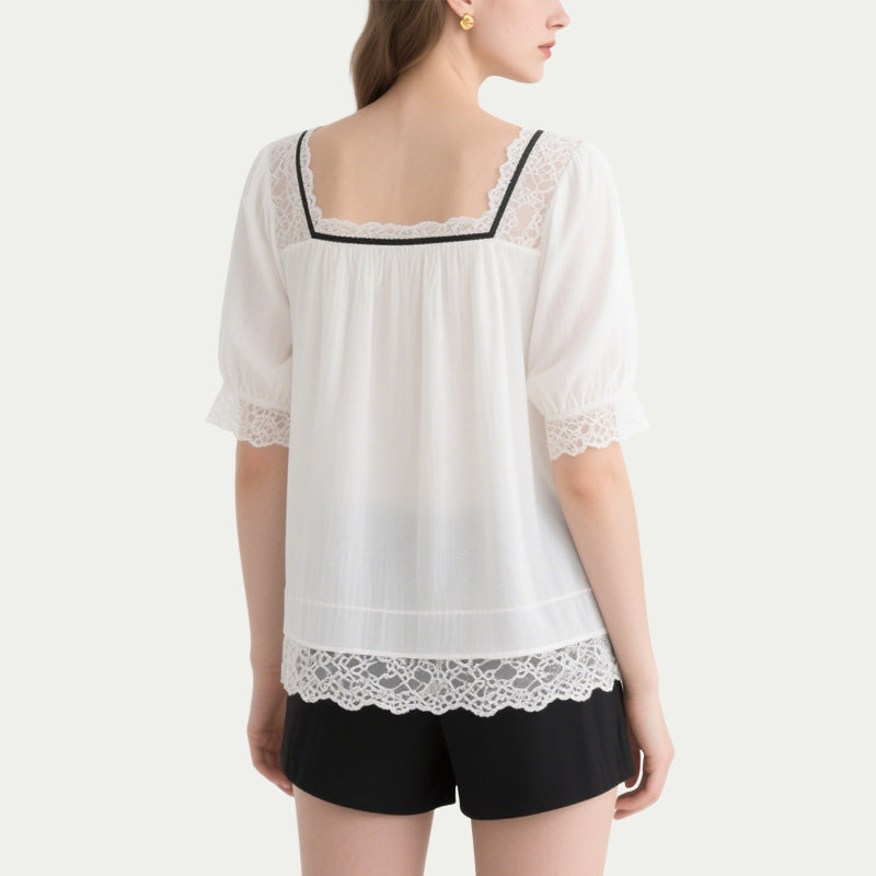 White Lace Patchwork Bow Short-Sleeved Crew Neck Top