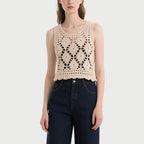Beige Crochet Sleeveless Crew Neck Top