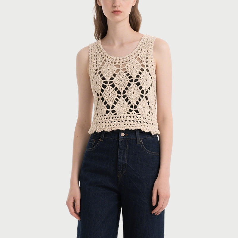 Beige Crochet Sleeveless Crew Neck Top