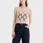 Beige Crochet Sleeveless Crew Neck Top