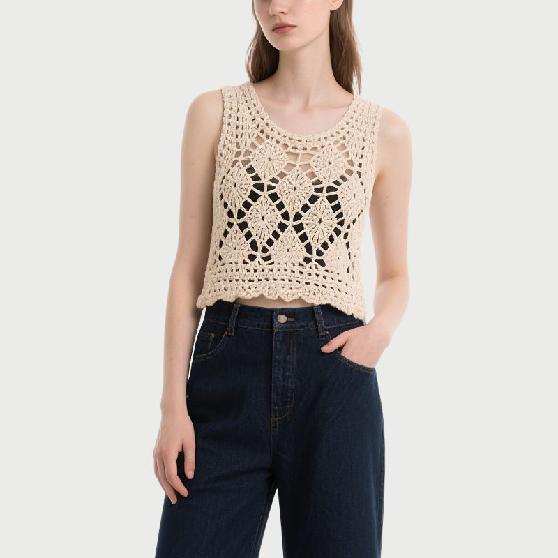 Beige Crochet Sleeveless Crew Neck Top