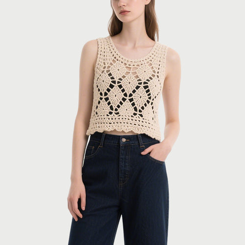 Beige Crochet Sleeveless Crew Neck Top