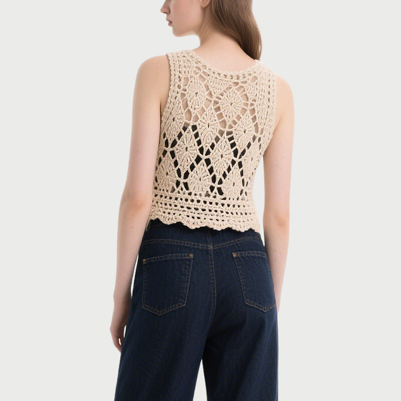 Beige Crochet Sleeveless Crew Neck Top