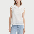 White Lace Collar Sleeveless Embroidered Crew Neck Top