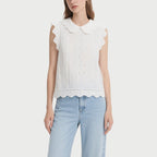 White Lace Collar Sleeveless Embroidered Crew Neck Top
