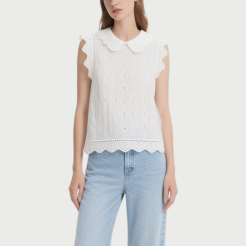 White Lace Collar Sleeveless Embroidered Crew Neck Top
