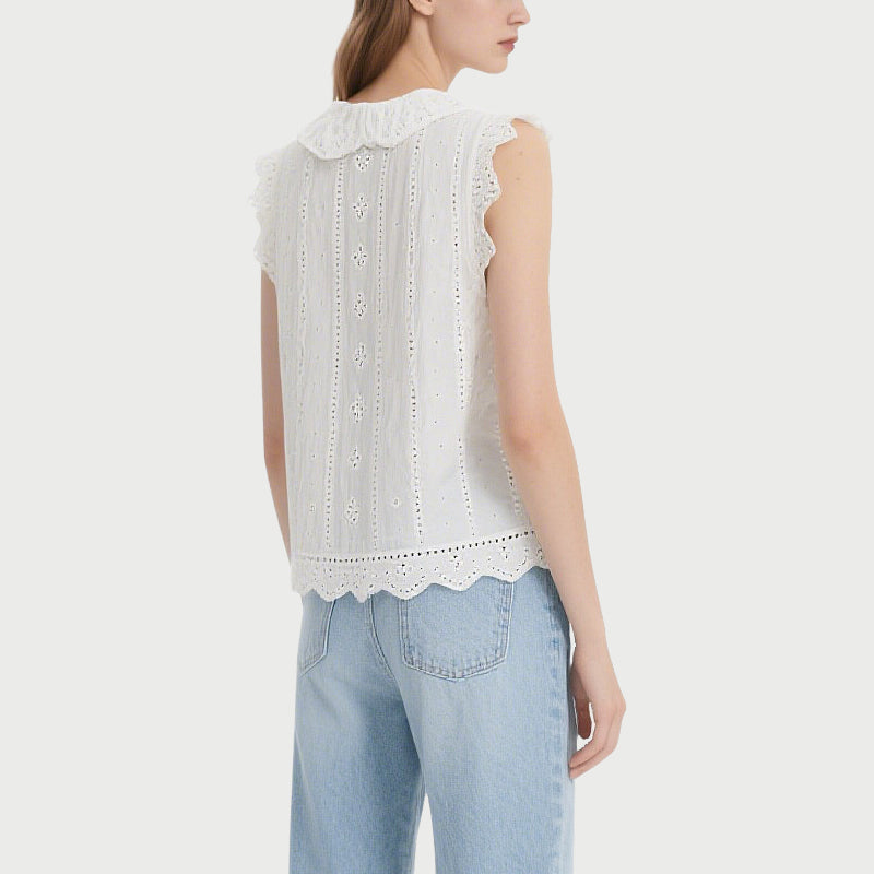 White Lace Collar Sleeveless Embroidered Crew Neck Top