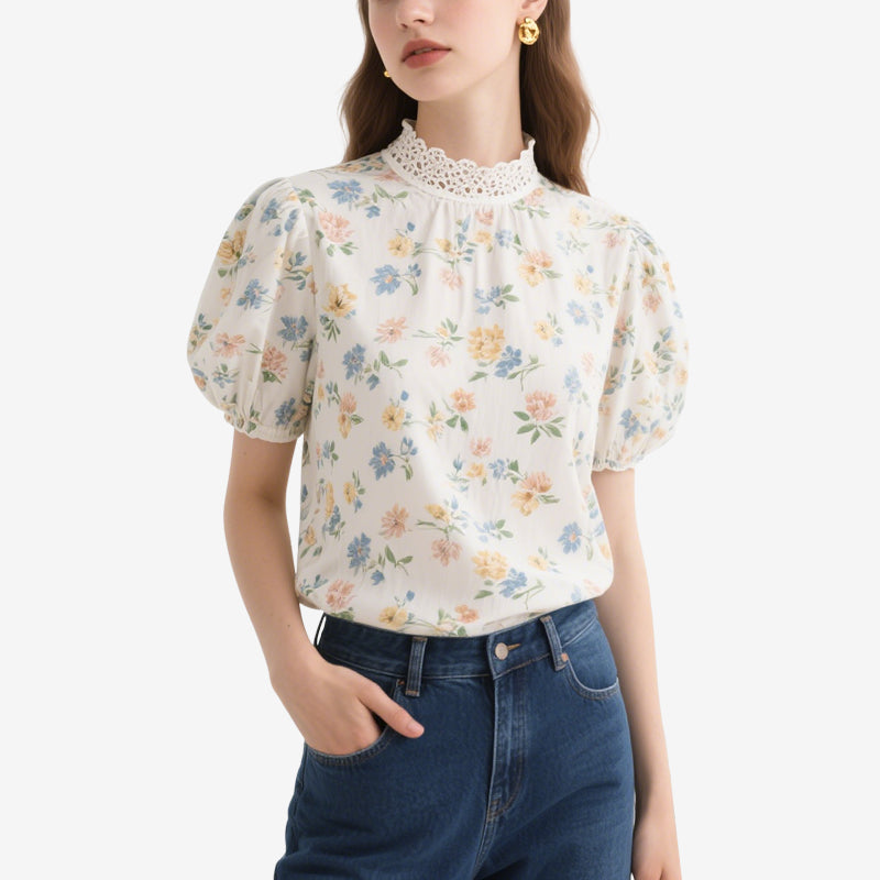 White Lace Collar Floral Puff Sleeve Crew Neck Top