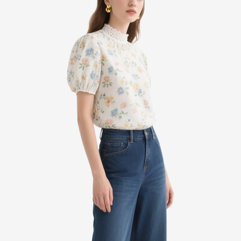 White Lace Collar Floral Puff Sleeve Crew Neck Top