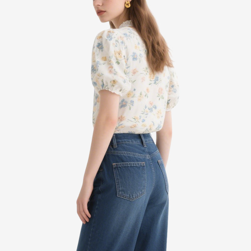 White Lace Collar Floral Puff Sleeve Crew Neck Top