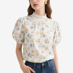 White Lace Collar Floral Puff Sleeve Crew Neck Top