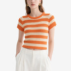 Orange and White Striped Crochet Short-Sleeved Crew Neck Top
