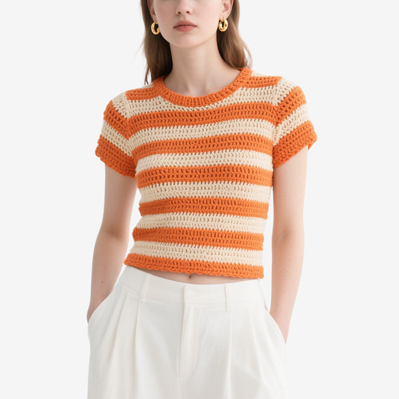 Orange and White Striped Crochet Short-Sleeved Crew Neck Top