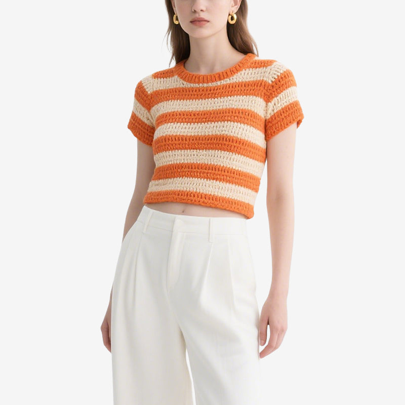 Orange and White Striped Crochet Short-Sleeved Crew Neck Top