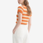 Orange and White Striped Crochet Short-Sleeved Crew Neck Top