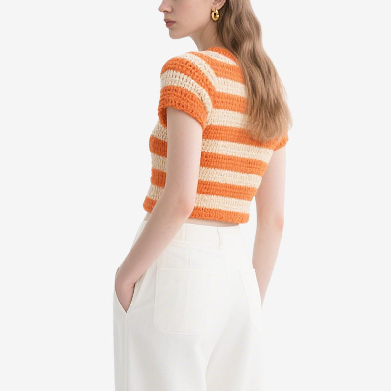 Orange and White Striped Crochet Short-Sleeved Crew Neck Top