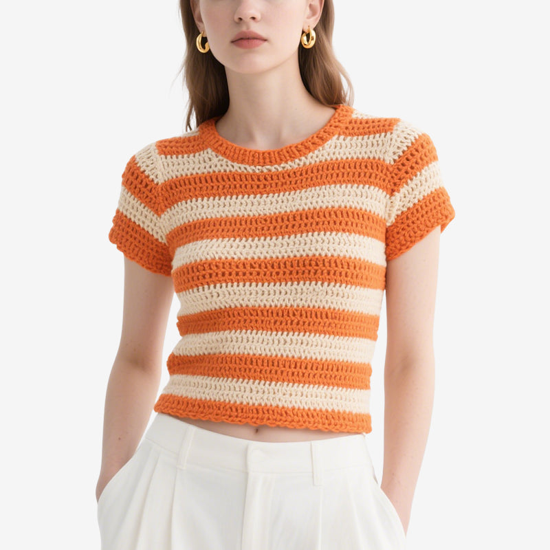 Orange and White Striped Crochet Short-Sleeved Crew Neck Top