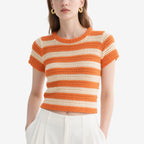 Orange and White Striped Crochet Short-Sleeved Crew Neck Top