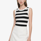 Black and White Striped Sleeveless Knitted Crew Neck Vest
