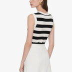 Black and White Striped Sleeveless Knitted Crew Neck Vest