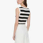 Black and White Striped Sleeveless Knitted Crew Neck Vest
