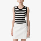 Black and White Striped Sleeveless Knitted Crew Neck Vest