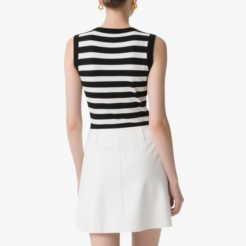 Black and White Striped Sleeveless Knitted Crew Neck Vest