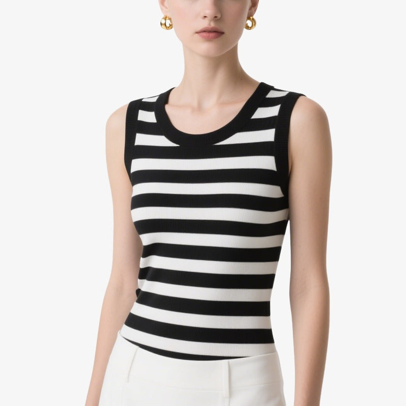 Black and White Striped Sleeveless Knitted Crew Neck Vest