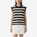 Black and White Striped Sleeveless Crochet Crew Neck Top