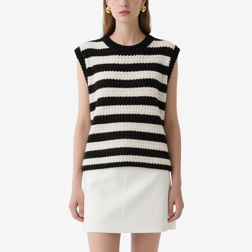 Black and White Striped Sleeveless Crochet Crew Neck Top