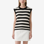 Black and White Striped Sleeveless Crochet Crew Neck Top