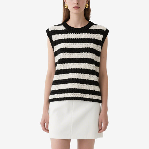 Black and White Striped Sleeveless Crochet Crew Neck Top