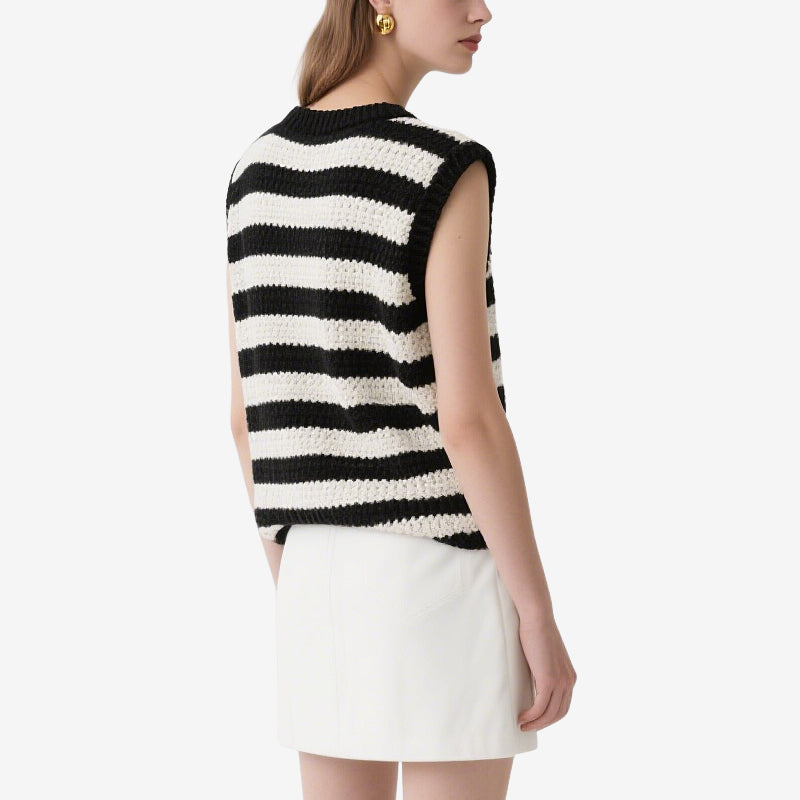 Black and White Striped Sleeveless Crochet Crew Neck Top