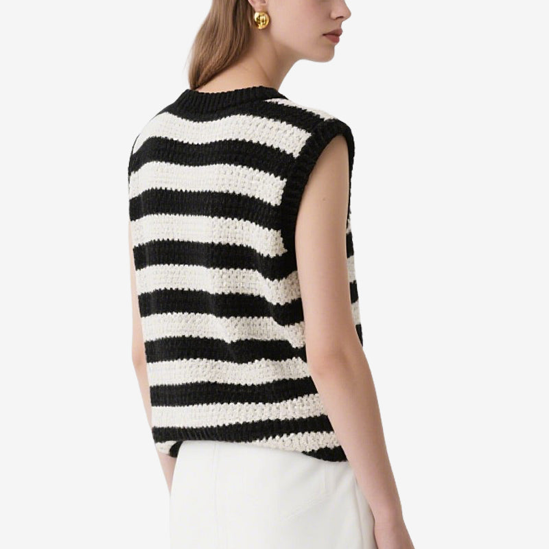Black and White Striped Sleeveless Crochet Crew Neck Top
