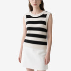 Black and White Striped Sleeveless Crochet Crew Neck Top
