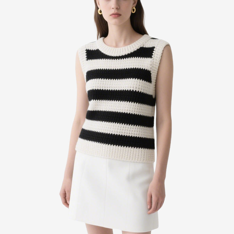 Black and White Striped Sleeveless Crochet Crew Neck Top