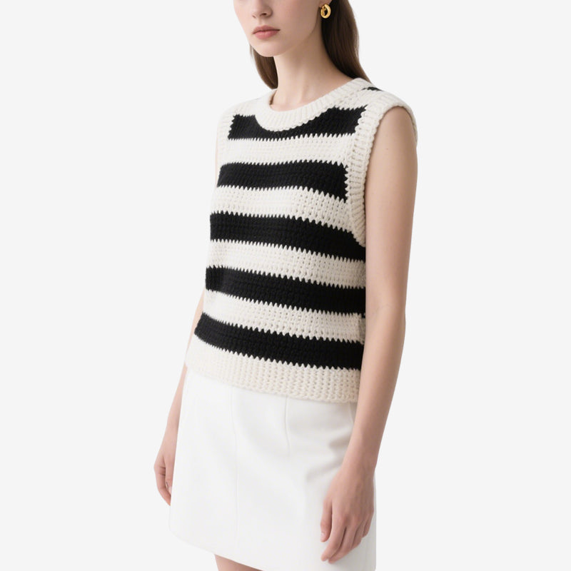 Black and White Striped Sleeveless Crochet Crew Neck Top