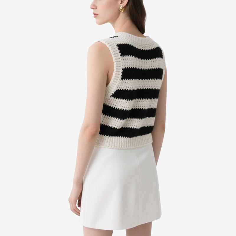 Black and White Striped Sleeveless Crochet Crew Neck Top