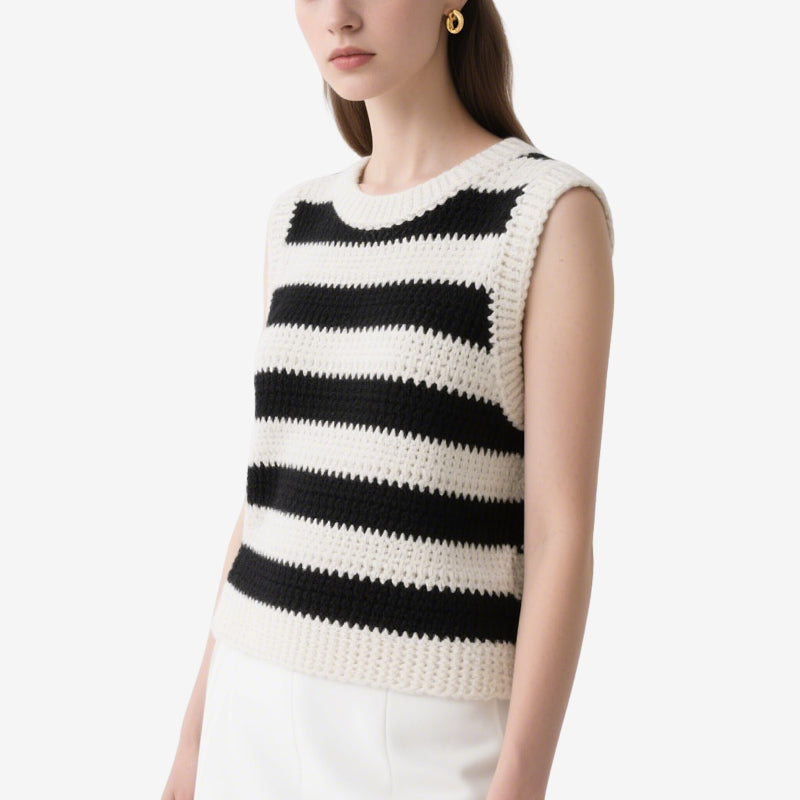 Black and White Striped Sleeveless Crochet Crew Neck Top