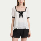 White Lace Patchwork Bow Short-Sleeved Crew Neck Top
