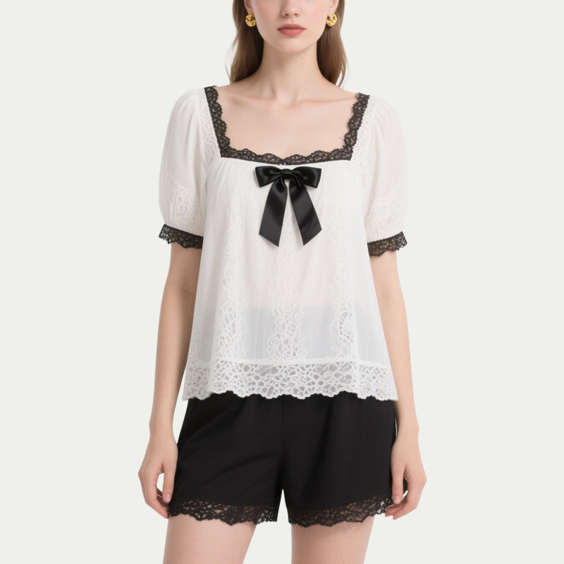 White Lace Patchwork Bow Short-Sleeved Crew Neck Top