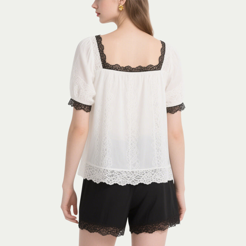 White Lace Patchwork Bow Short-Sleeved Crew Neck Top