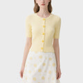 Light Yellow Button Short-Sleeved Crew Neck Knitted Cardigan
