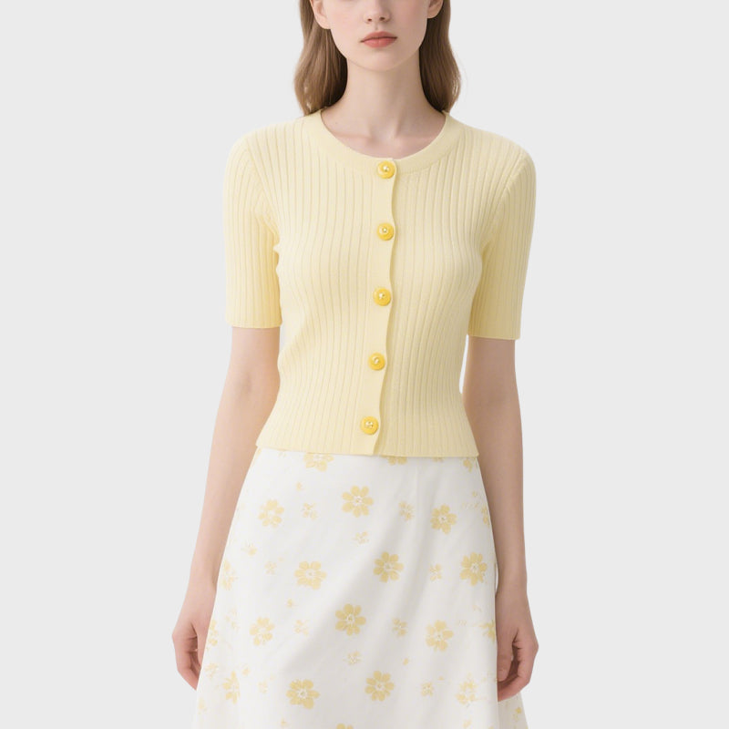 Light Yellow Button Short-Sleeved Crew Neck Knitted Cardigan