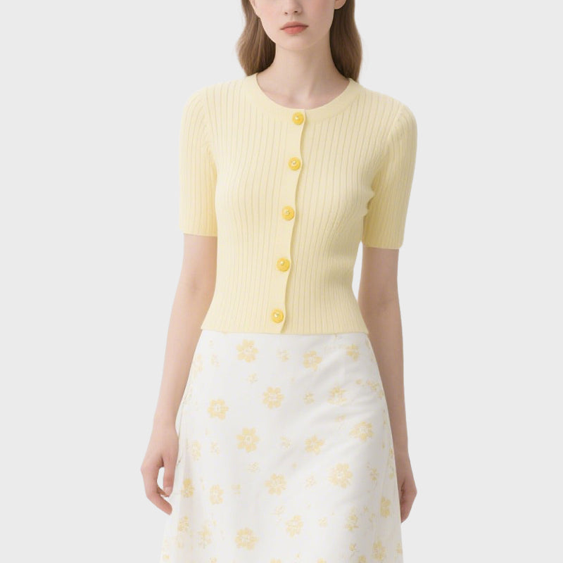 Light Yellow Button Short-Sleeved Crew Neck Knitted Cardigan